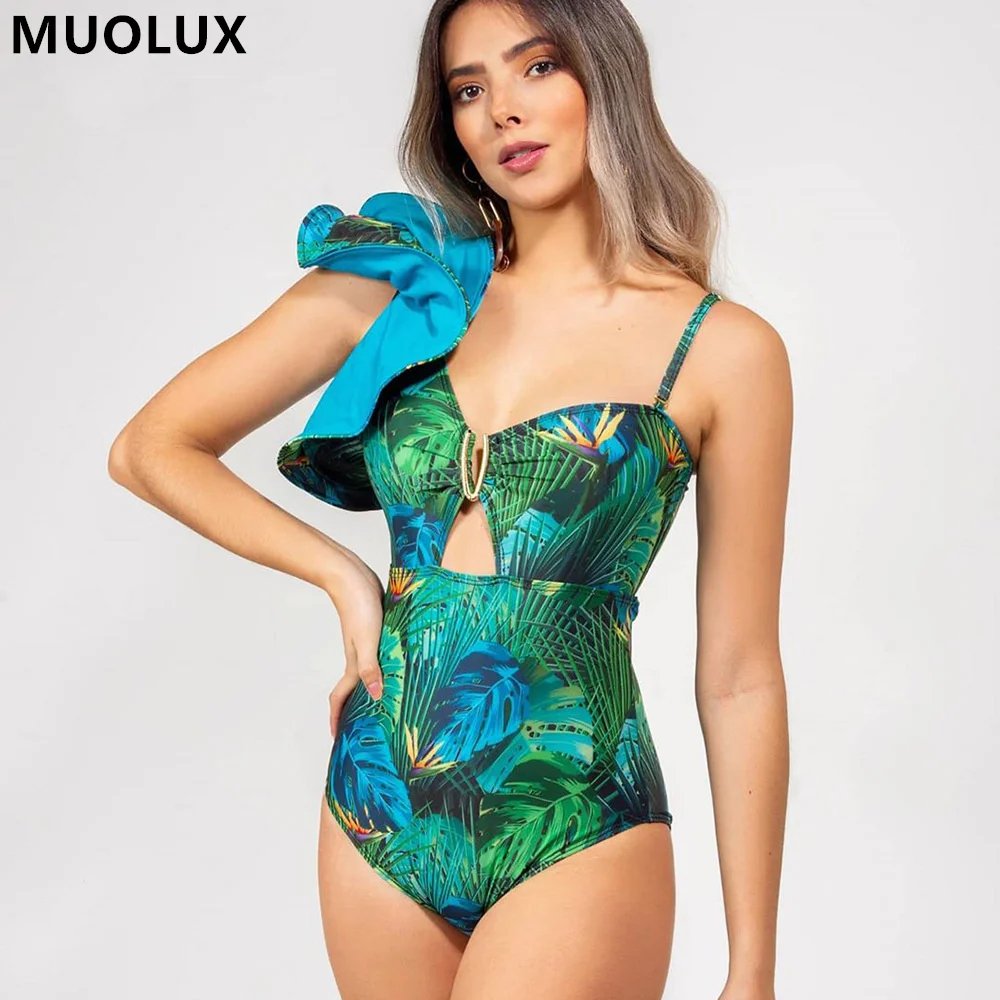 

Цельный купальник, новинка 2022, сексуальный купальник на одно плечо с рюшами и принтом на бретельках, летний женский купальник с открытой спи...