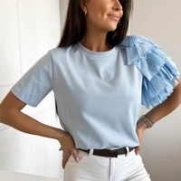 women blouse new 2022 casual solid color all match layered ruffles summer crew neck pleats t shirt streetwear