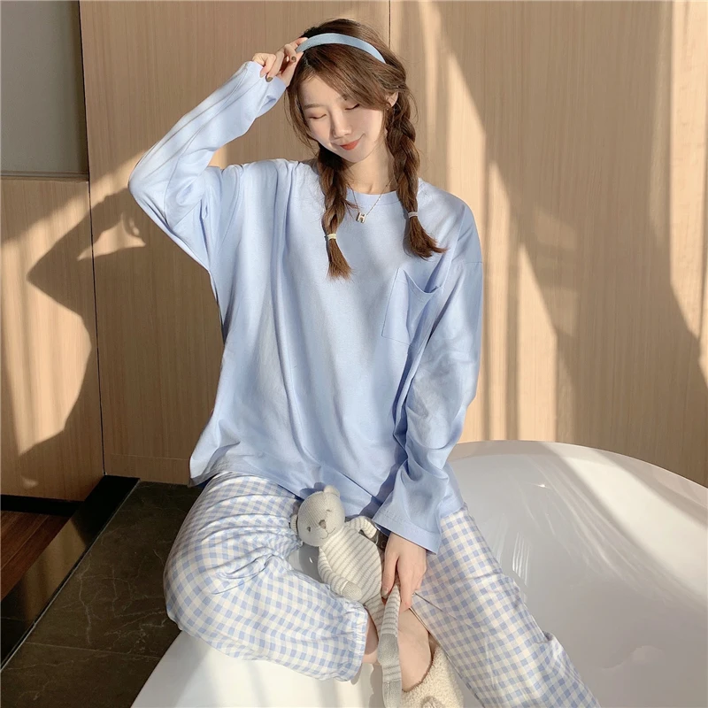 Yasuk Spring Summer Fashion Women's Casual Lovely Solid Plaid Long Short Sleeve Sleepwear Soft Pajamas With Pants Loose Pullover