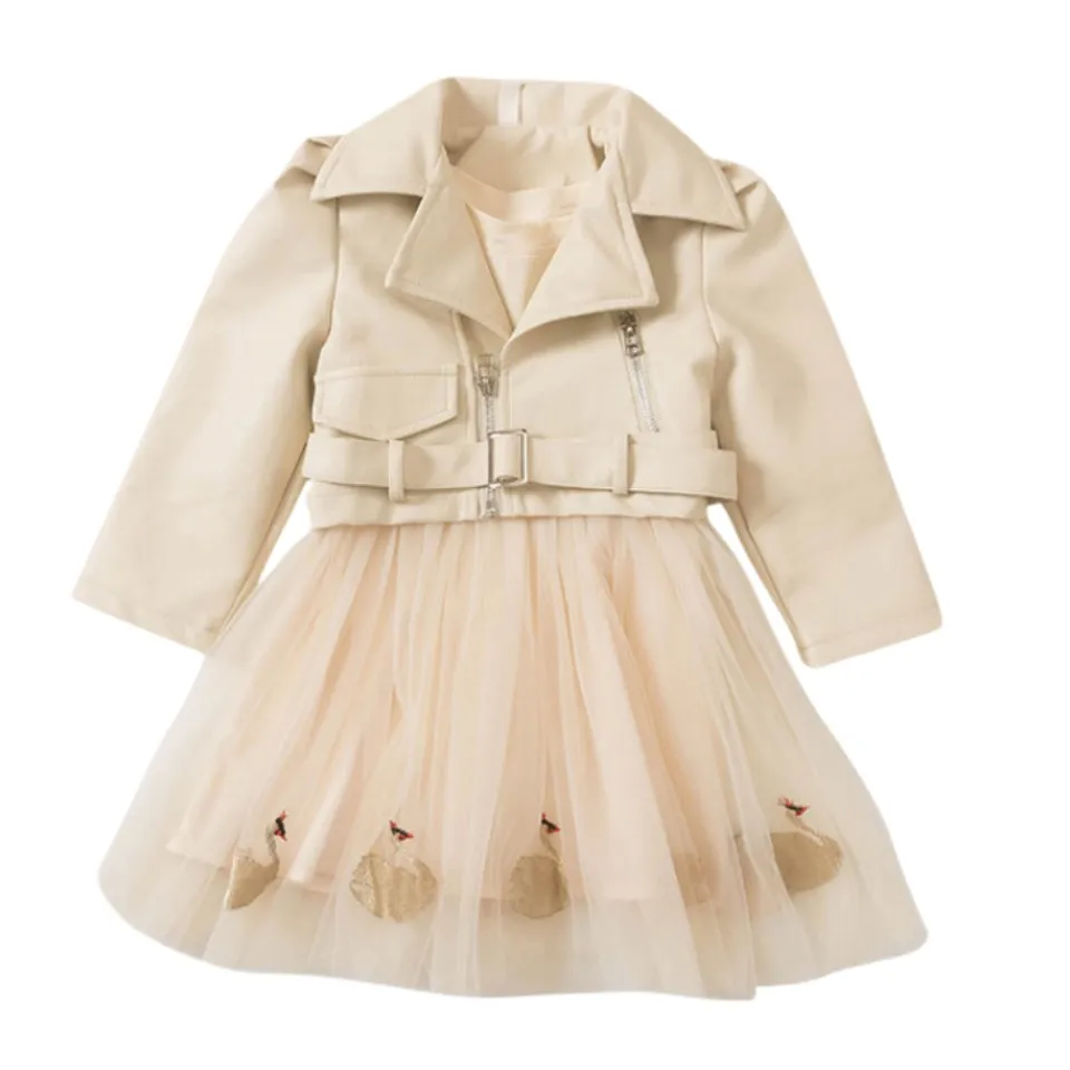 

Одежда для девочек, кожаная куртка, пальто и Сетчатое платье, одежда для девочек, Повседневная стильная одежда для девочек, Новинка осени 2023, милая детская одежда