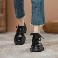 womens 2022 new spring small leather shoes slip on platform flat round toe comfortable british style lace up deep mouth shoes