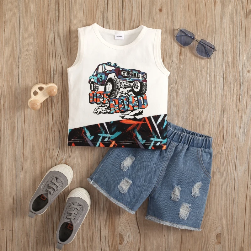 

Топы с принтом без рукавов для девочек + джинсовые шорты, спортивный костюм для мальчиков, красивая детская одежда, 2 предмета, детская одежд...