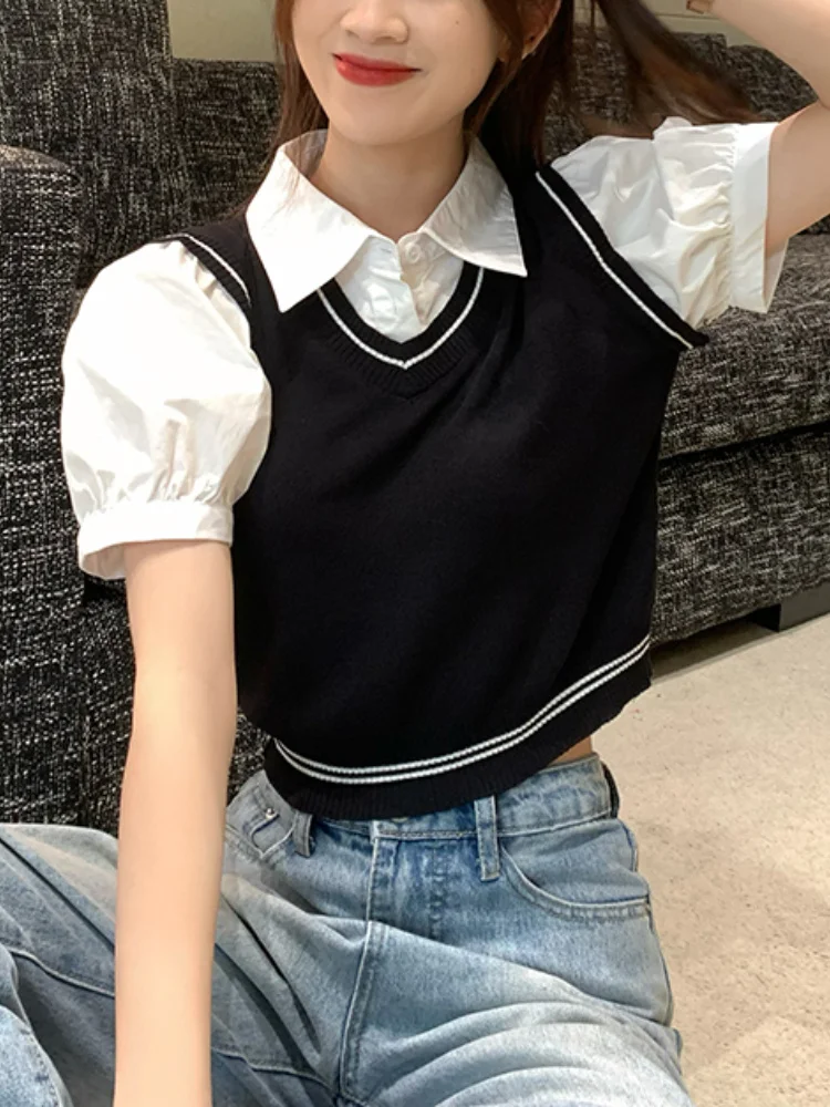 

2022 Summer Fake Two Piece Knit Crop Tops Woman Short Sleeve Korean Fashion Shirts Polo Neck Casual Elegant Pullover Design Slim