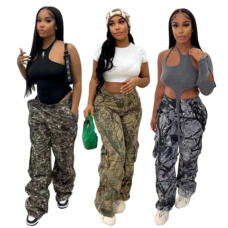 

Forest Camouflage Cargo Pants Women Fashion High Waist Button Fly Pockets Loose Casual Jogger Trousers All Matching Streetwear