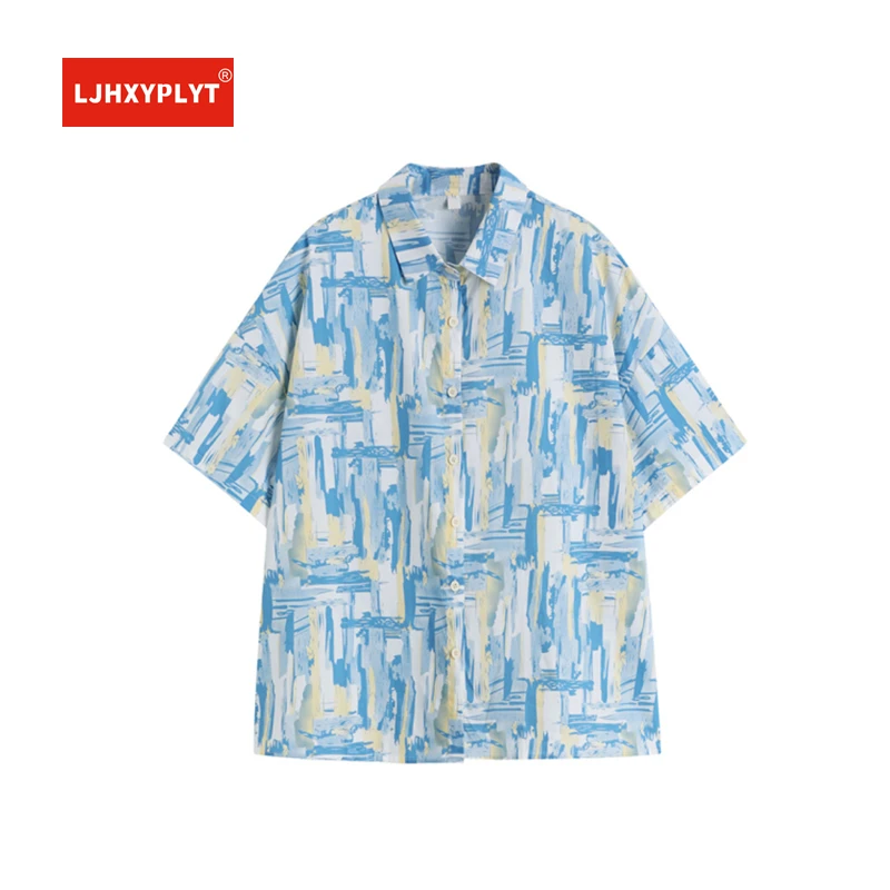 

Graffiti Printed Short-sleeve Shirt Women's Summer HongKong Style Retro Design College Ink Blue Thin Neutral Top Cardigan Female