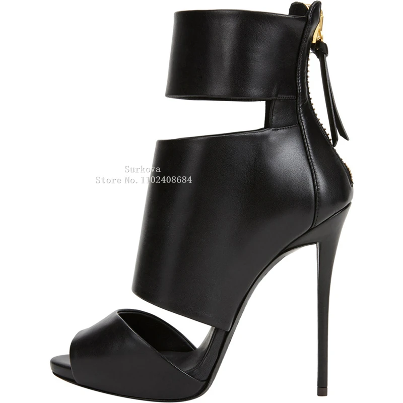 

Peep Toe Black Summer Boots Women Sexy Night Club Dance Shoes Large Size Booties Ladies Pu Leather Back Zipper Thin Heels Shoes