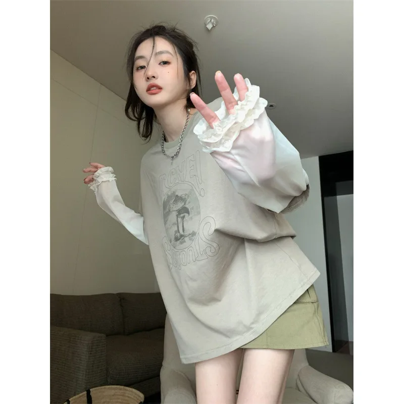 Design Sense Loose Fake Two-piece Transparent Gauze Sleeve Printed T-shirt Women's Lazy Wind Mid-length Top Clothes