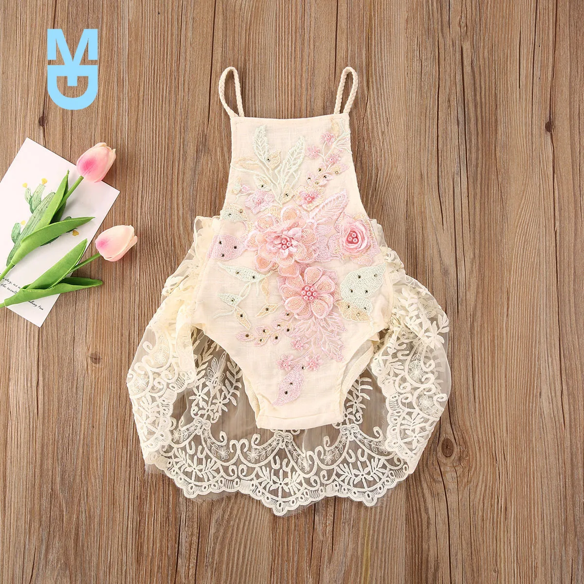 

New 0-18M Infant Baby Girl Bodysuits Summer Princess Embroidery Flowers Lace Sleeveless Strappy Bodysuit Baby Girl Clothing