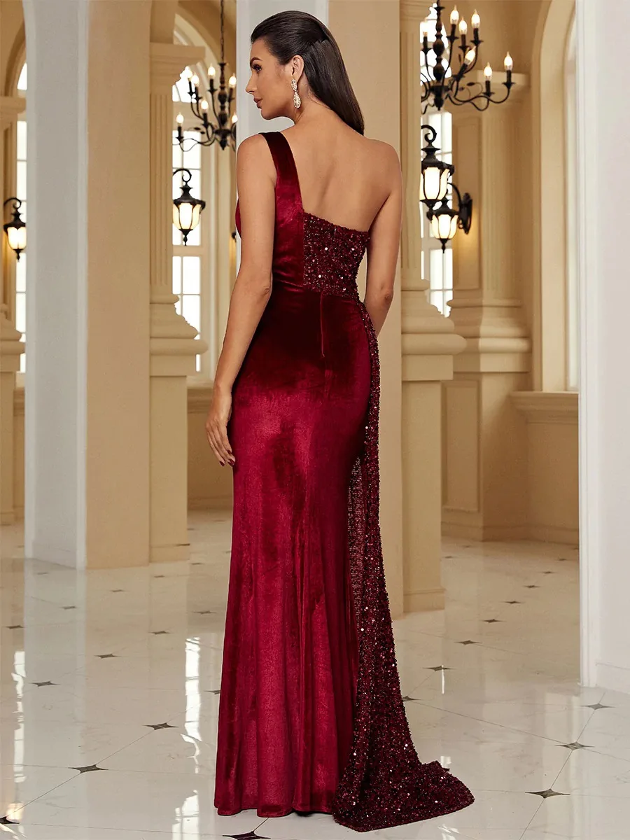 One Shoulder Sexy Velvet Maxi Dress Women's Evening Party Dress Ball Gown Ribbon Burgundy Draped Long Dress