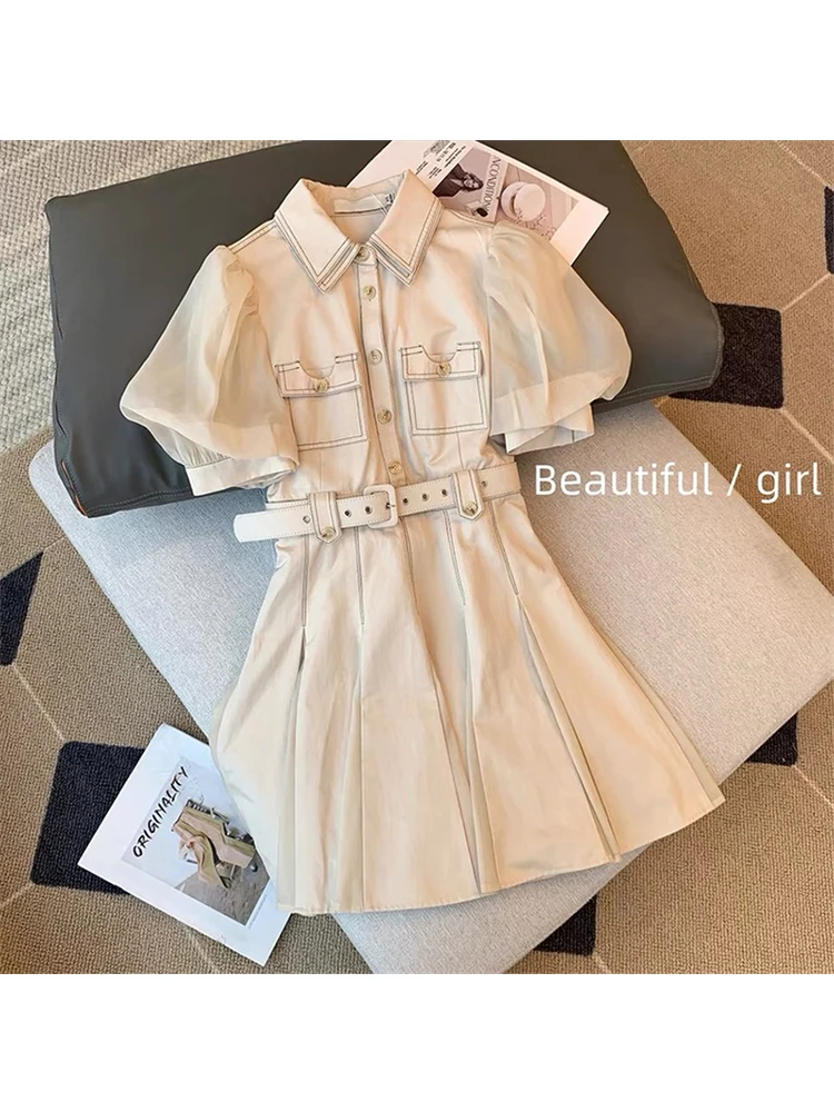 

Women Elegant Puff Sleeve Dress Summer Lapel Neck Office Lady Solid A-line Vestido Fashion Vintage Skinny Mini Dresses Ladies