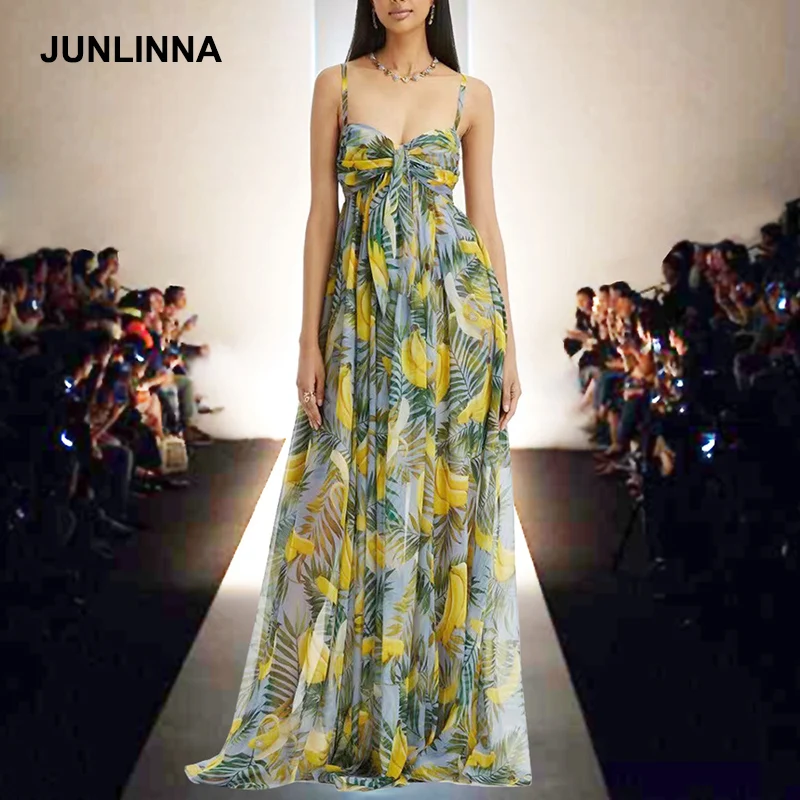

JUNLINNA Chiffon Women Dress 2022 Summer New Fashion Banana ans Leaf Printing Beach Holiday Expansion Vestidos Sexy Camisole