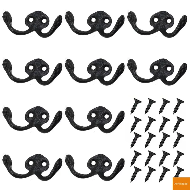 

10 Units Retro Room Door Wall Decoration Double Robe Hooks Brass Hook with Screws Alloy Coat Hook Bedroom Vintage Clothes Hanger