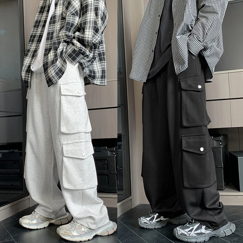 Big Pocket Solid Cargo Pants Men Sweatpants 2023 New Fashion Tracksuit Pants Male Casual Hip Hop Drawstring Baggy Long Trousers