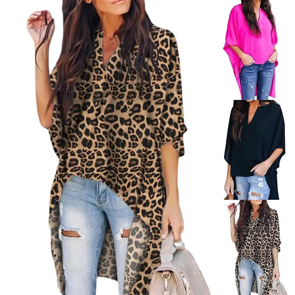 

Fashion Women's Shirts 2022 New Simple Irregular V Neck Flared Sleeves Loose Chiffon Leopard Print Sexy Long Shirts