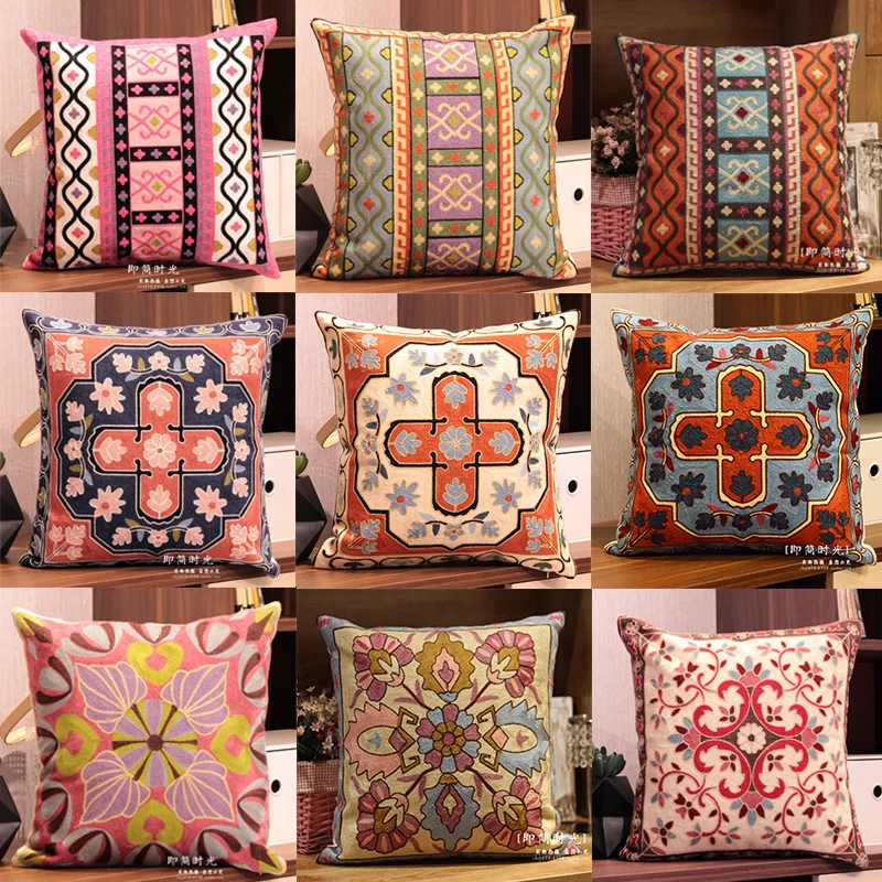 

Retro Pillow Case 100% Cotton Embroidered Flower Cushion Cover American Style Country Sofa Pillowcase 45cm Home Decoration
