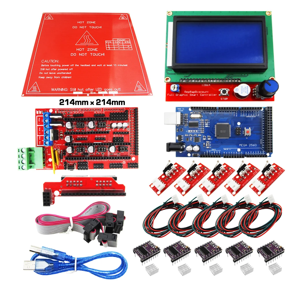 Фото Комплект Reprap Ramps 1.4 с Mega 2560 r3 + Heatbed mk2b + 12864 ЖК-контроллер + DRV8825 + Механический переключатель + Кабели для 3D-принтера №1