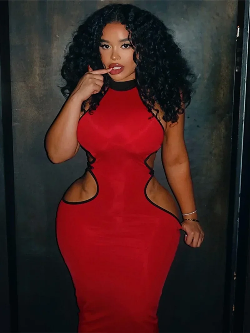 

Red Night Club Dresses for Women 2024 Halter Neck Off Shoulder Hollow Out Backless Bodycon Bandage Long Evening Dress Streetwear