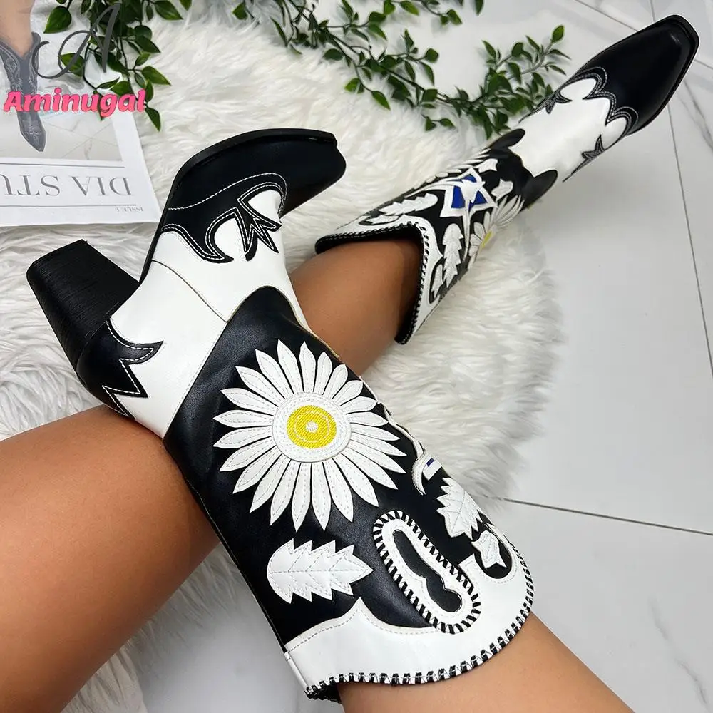

Aminugal Cowboy Floral Ankle Boots PU Leather 2023 Brand New Embroidery Heeled Women Shoes Cowgirls Western Booties Big Size 43