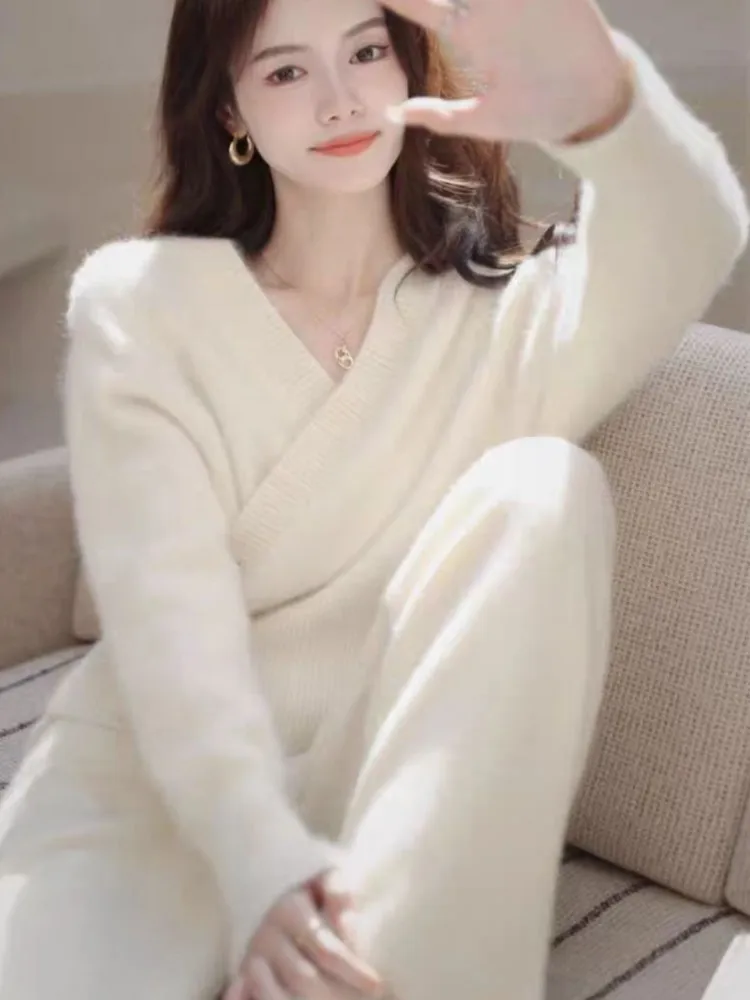 Однотонный вязаный свитер костюмы из 2 предметов для женщин модные блузки топы и