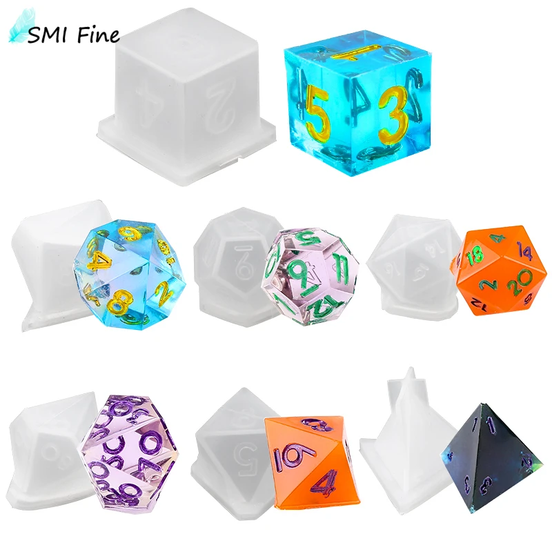 SMI 7 Styles Silicone Resin Casting Mold Epoxy Resin Dice Molds, Polyhedral Game Digital Letter 3D Silicone Moulds for DIY Decor