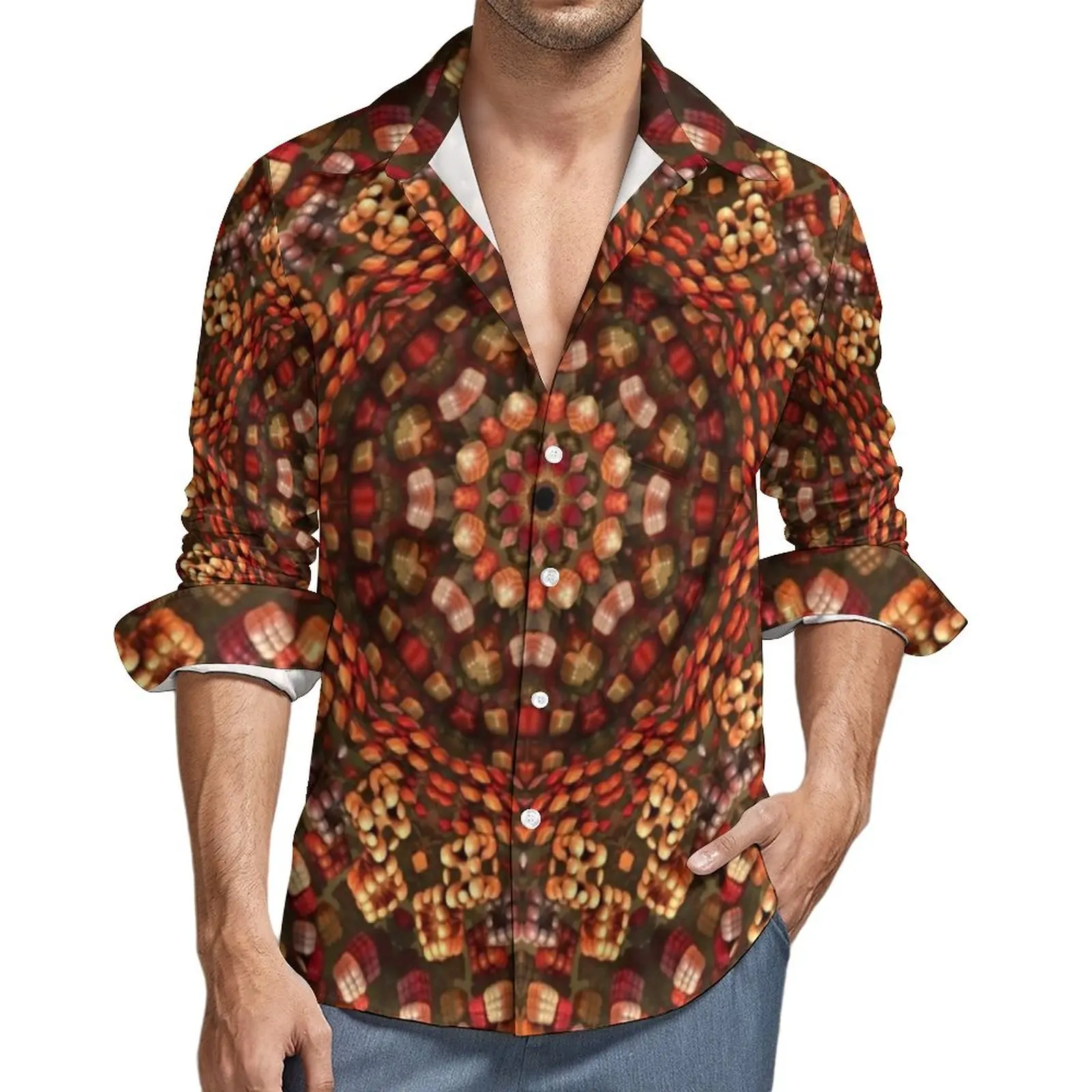 

Colorful Beads Print Shirt Men Retro Mandala Casual Shirts Autumn Y2K Blouses Long Sleeve Fashion Oversize Clothing Gift Idea