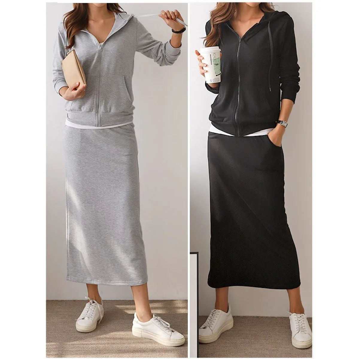 

롱스커트 세트 후드집업 트레이닝세트 롱치마 츄리닝세트