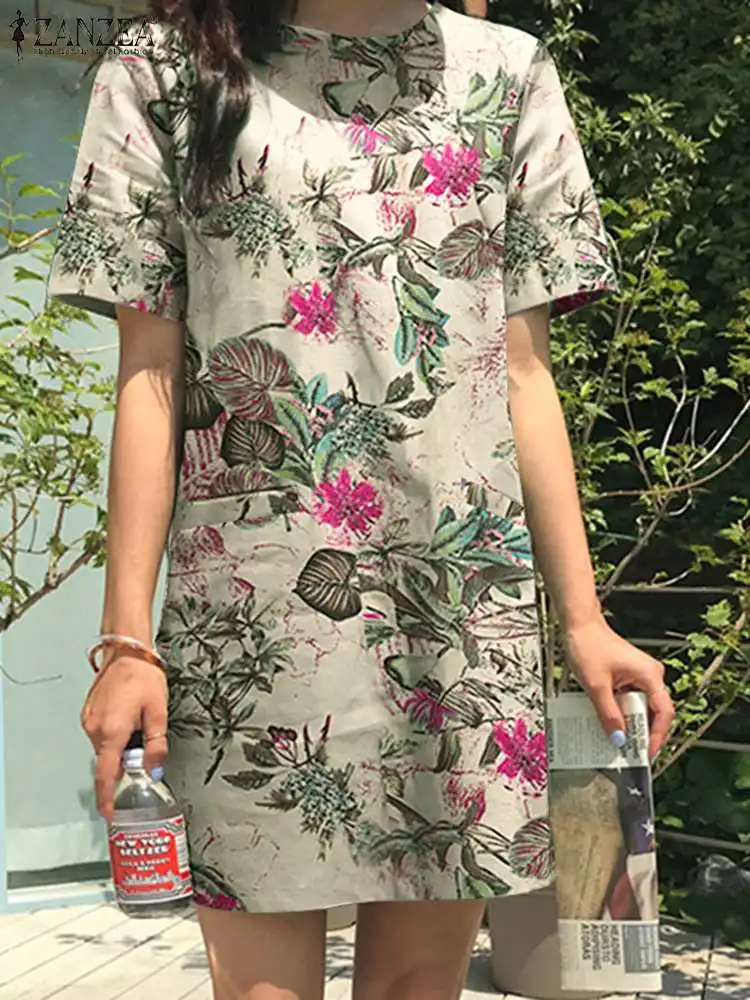 

ZANZEA Women Summer Floral Printed Dress Short Sleeve O-Neck Pockets Sundress Female Fashion Elegant Casual Loose Beach Vestidos
