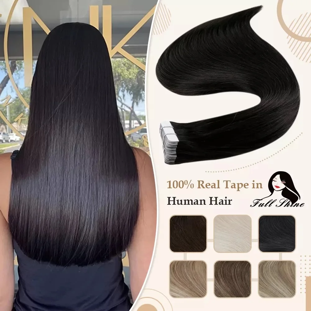 Full Shine Tape In Human Hair Extensions Black Women 100% Real Remy Human Hair Skin Weft Adhesive Glue On For Salon High Quality