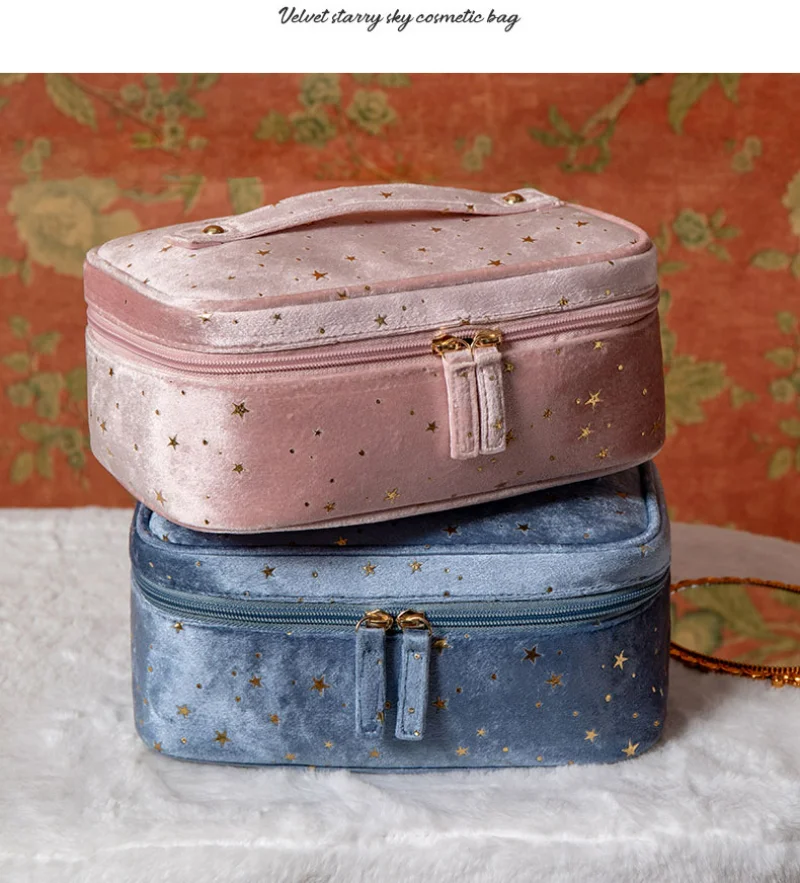 

Portable Travel Small Cosmetic Bag Flannel Cosmetic Storage Bag Hand Flannel Women's Large Capacity Starry Sky Cosmetic Bag