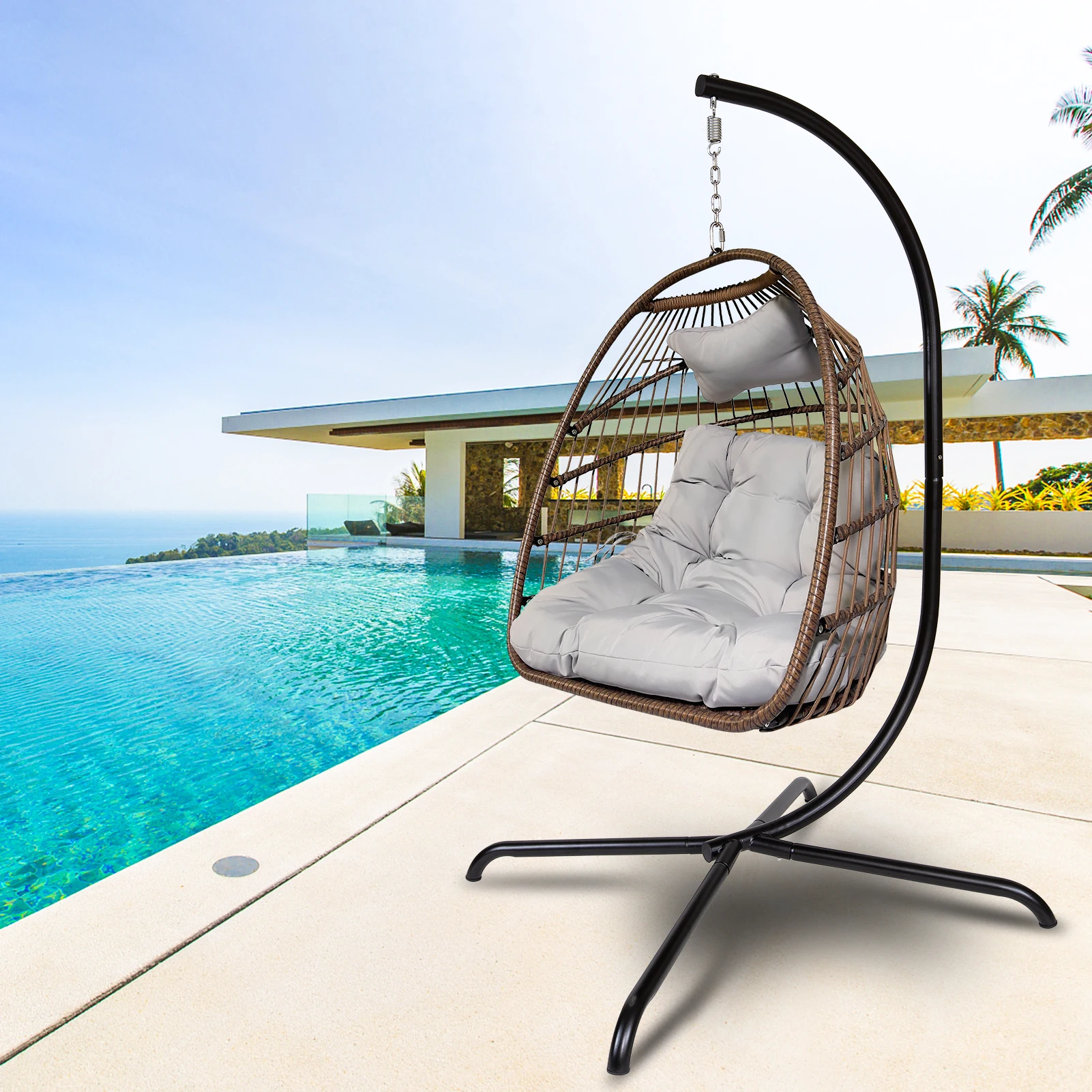 With Stand Indoor Outdoor Wicker Rattan Patio Basket Hanging Chair With C Type Bracket ,patio Hanging Chair