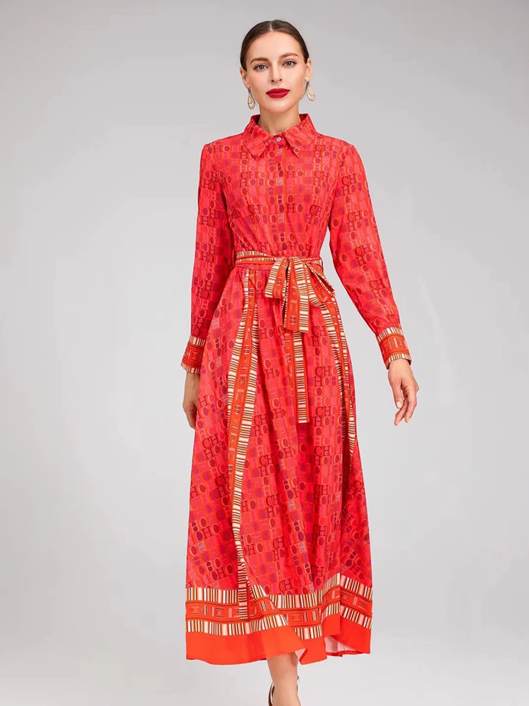 

Женское однобортное платье с поясом, Длинное Красное офисное платье с длинным рукавом и буквенным принтом, весна-лето 2022