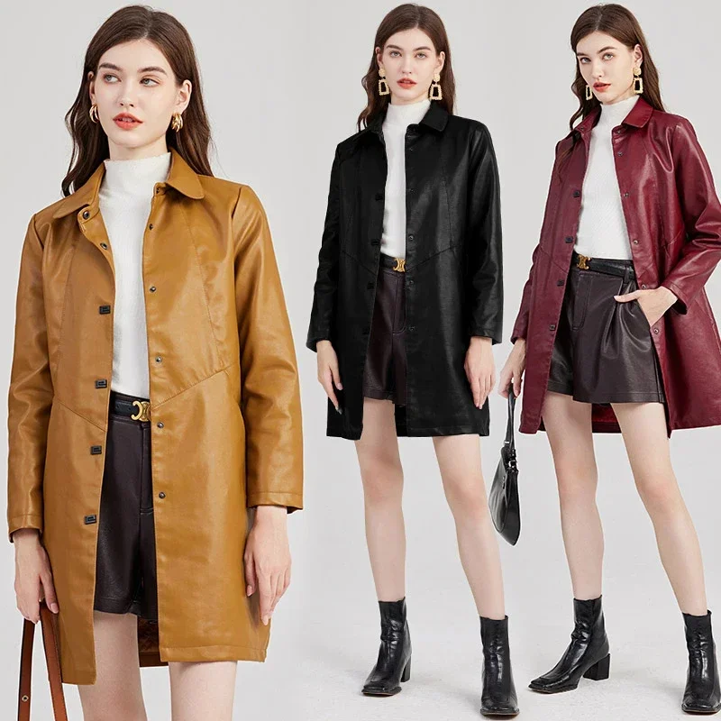 

Женский длинный жакет из ПУ кожи, однобортный плотный жакет из хлопка с длинным рукавом, верхняя одежда, осень-зима