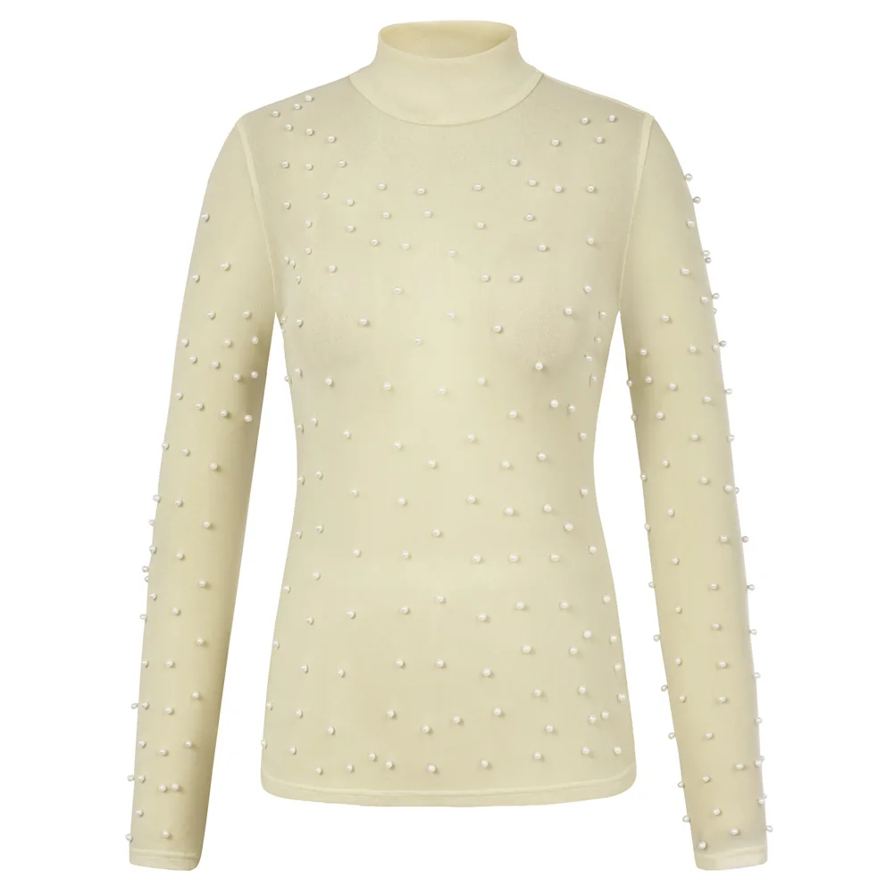 

KK Women See-Through Mesh Party Tops Long Sleeve Half High Neck Clubwear