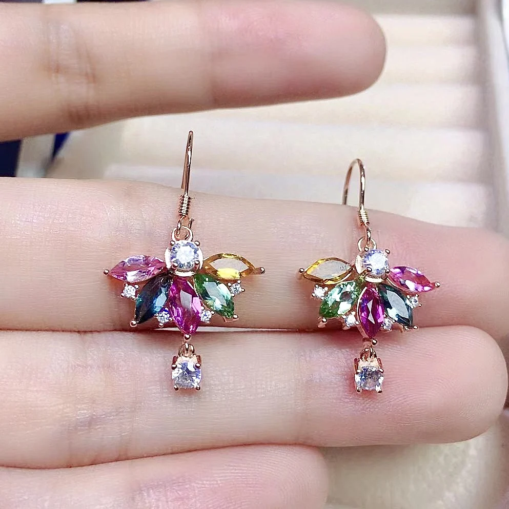 Разноцветные турмалиновые серьги-подвески для свадьбы 3 мм * 6 всего 925 карата