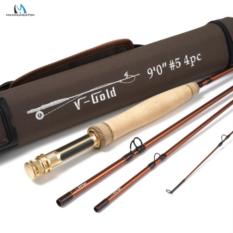 Фото MAXIMUMCATCH V-Gold Fly Rod 9 футов 4-8 Вт, 4 предмета, быстрое действие, направляющие Pacbay и треугольный защитный чехол, удочка нахлыстом №1