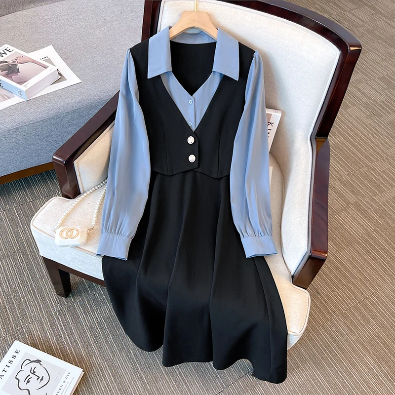 

Винтажное женское платье большого размера, облегающее платье из двух частей с отложным воротником, женское Повседневное платье средней дли...