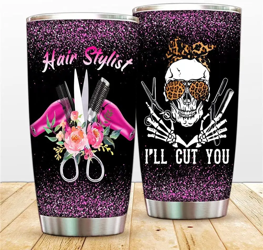 

HomeT 20oz Hairdresser Travel Tumbler Skull Hair Stylists Coffee Cup, I Will Cut You Vacuum Insulated Tumblers Mug With Lids,Fun