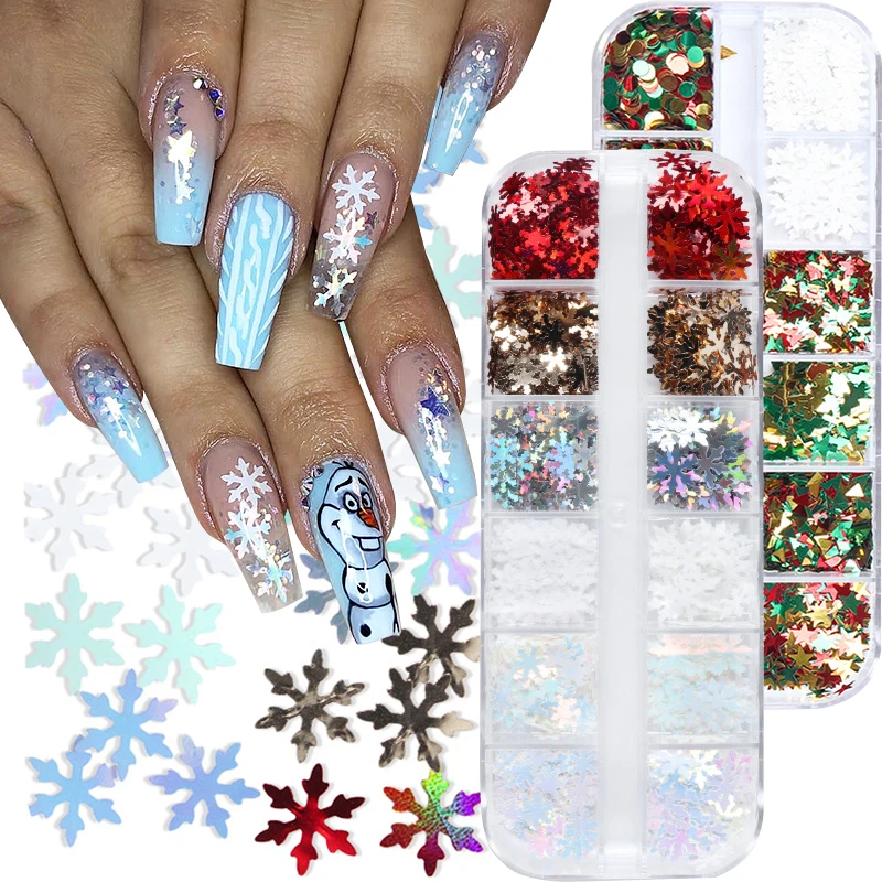 

12 Grids Christmas Glitter Nail Art Sequins 3D Snowflake Christmas Tree Star Thin Slices Holographic Laser Manicure Decorations
