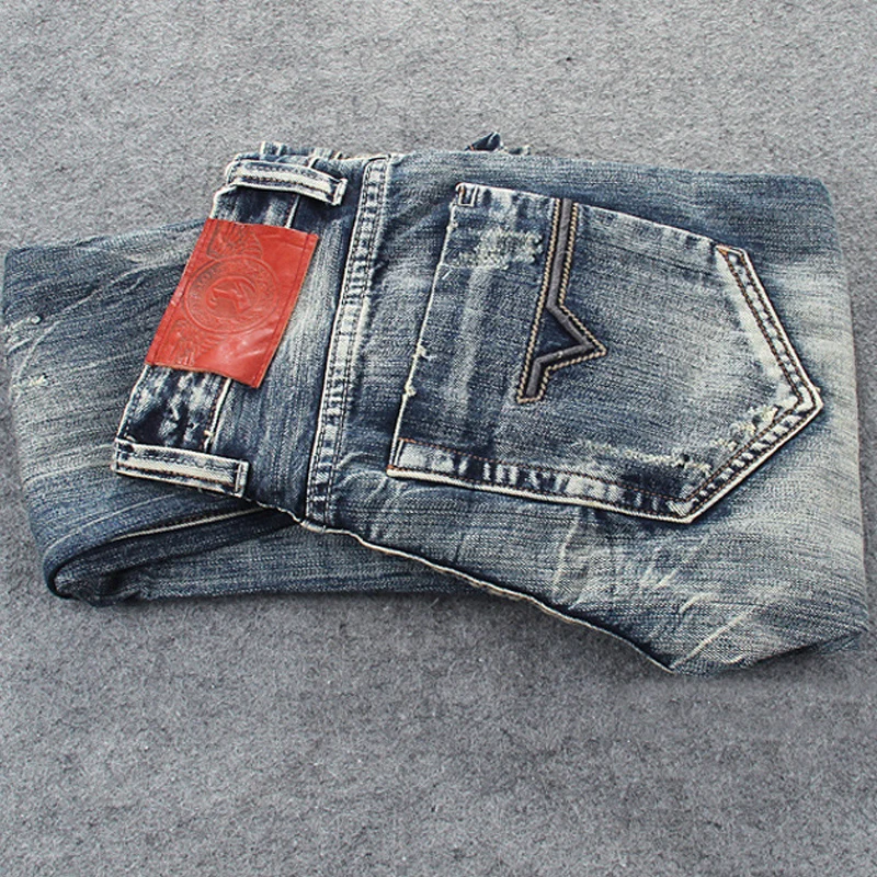 Streetwear Fashion Men Jeans Retro Wash Slim Fit Destroyed Ripped Jeans Men Hole Trousers Patched Vintage Designer Pants Hombre