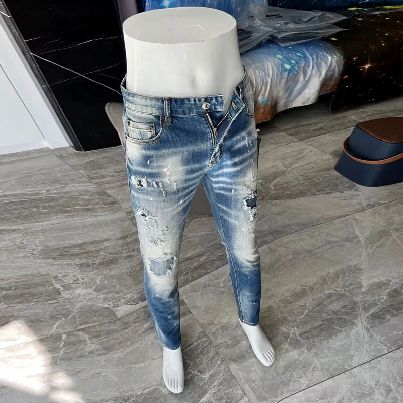Street Fashion Men Jeans High Quality Retro Light Blue Elastic Skinny Fit Ripped Jeans Men Patched Designer Hip Hop Brand Pants