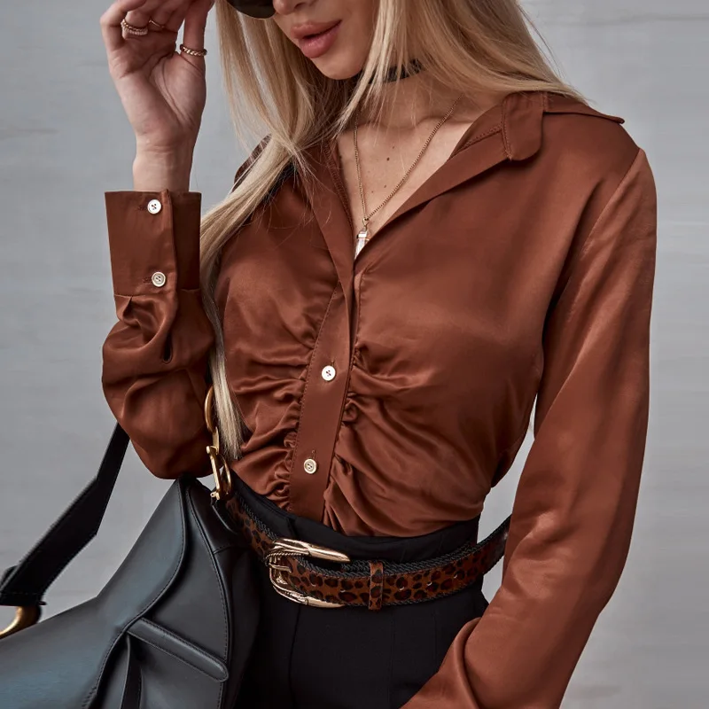 

Элегантная однотонная блузка с длинным рукавом, модная офисная Дамская плиссированная атласная рубашка, 2023 Весенняя женская одежда, повсед...