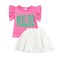 1 6y girls summer 2pcs outfit sets flying sleeve round neck letter print t shirt white tulle skirt