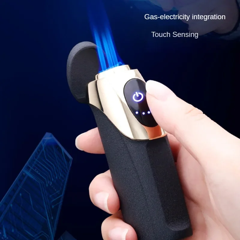 Фото Сенсорный выключатель с гальваническим покрытием, USB-зарядка, зажигалка с тремя струями пламени, синее пламя, металлическая газовая зажигалка, мужской деловой подарок №3