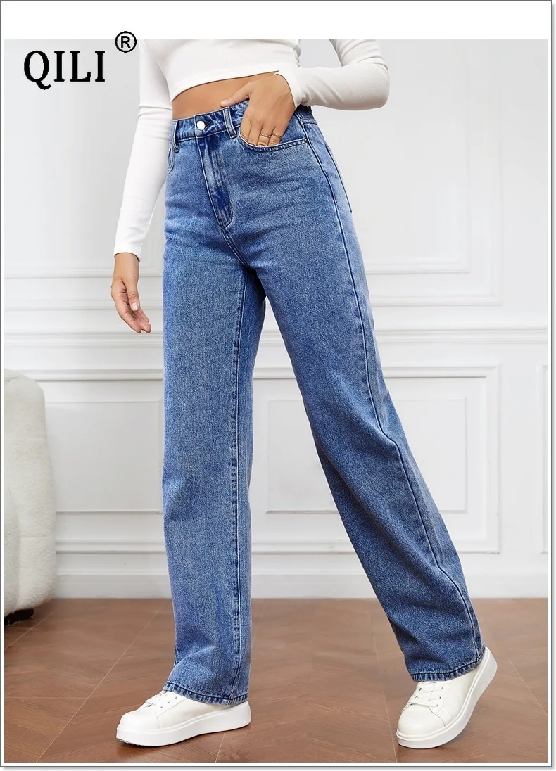 QILI 2023 New Jeans for Women Elastic Wash Denim Women's Pants Versatile Straight Leg Pants