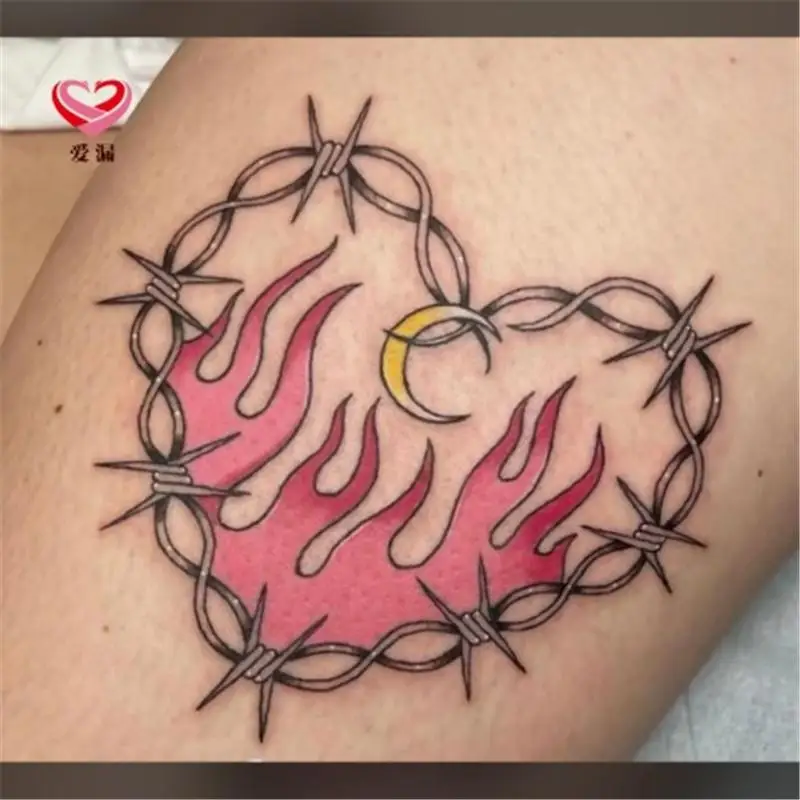 Flame Thorns Heart Tattoos Waterproof Art Fake Tattoo for Woman Men Arm Clavicle Sexy Temporary Tattoo Lasting Tattoo Stickers
