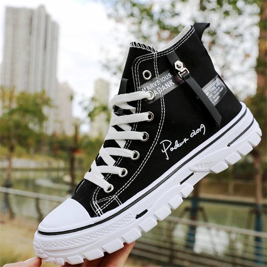 High Top Fashion Canvas Shoes Men Breathable Lace-up Sneakers With Platform Beige Black Gray Designer Vulcanized Footwear