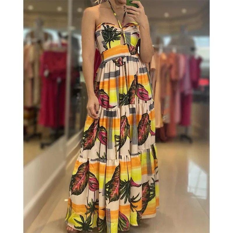 

Print Sexy Maxi Dress Women Backless Halter Summer Beach Dresses Hollow Out Sleeveless Loose Elegant Party Vestidos 2022