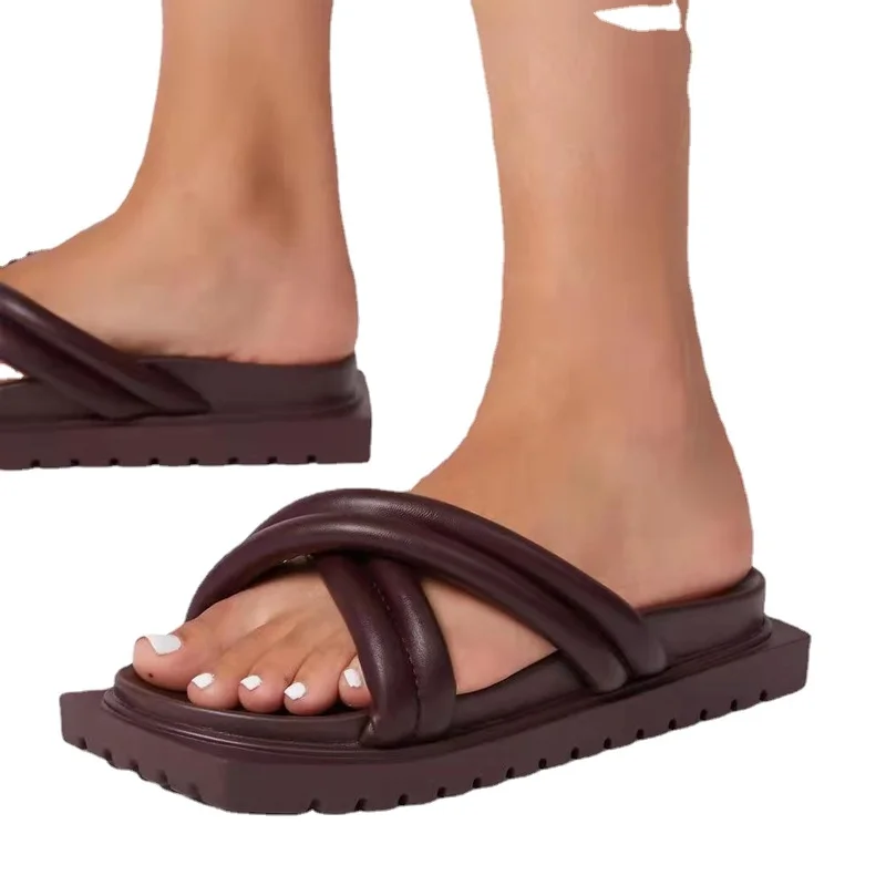 

2022 Thick Bottom Slippers Women Summer Plus Size 43 Flat Slippers for Women New Outer Wear Square Head Casual Sandals