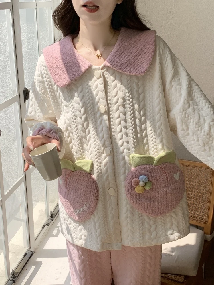 Пижамы женские осенние и зимние утолщенные сэндвич-воздушные хлопковые