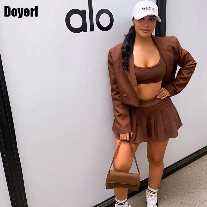 

Autumn Winter 3pcs Set Women Tracksuit Streetwear Blazer Jacket + Tank Top and Pleated Skirt Suit Sport 3 Piece Set Women Outfit